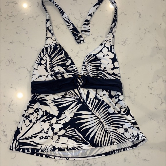 Lauren Ralph Lauren Tankini Top Swimsuit Tropical Size 16 Navy White Halter EUC‎ - Picture 1 of 9